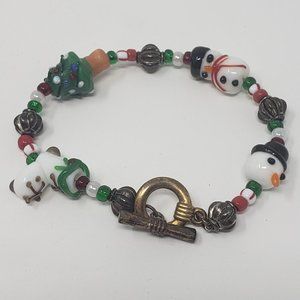 Christmas Art Glass Bead Bracelet Snowman Tree
